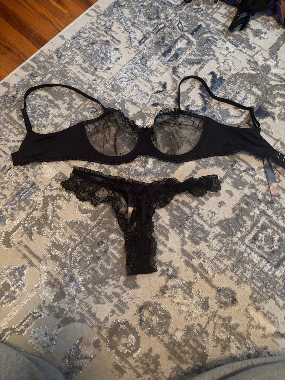 Sheer Lace Underwire Bra and Thong Set - Black
